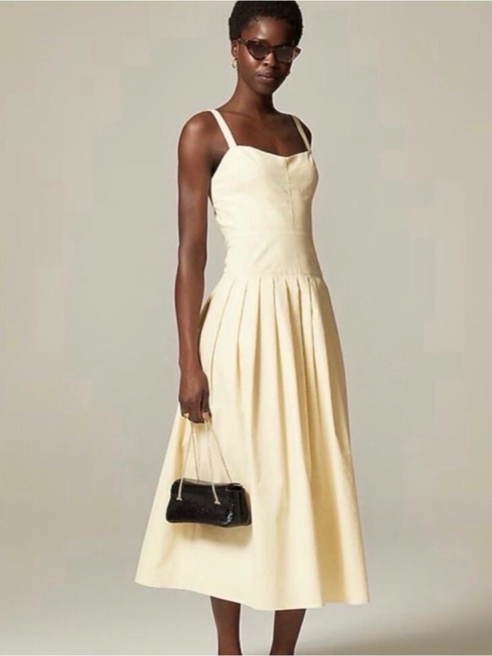 J. Crew Midi Dress Size 12 Butter Yellow Pleated drop-waist crinkle cotton blend
